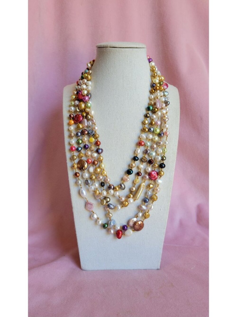 Fresh Water Colorful Baroque Knotted Pearl 5 Strand Layered Easter Necklace N1B